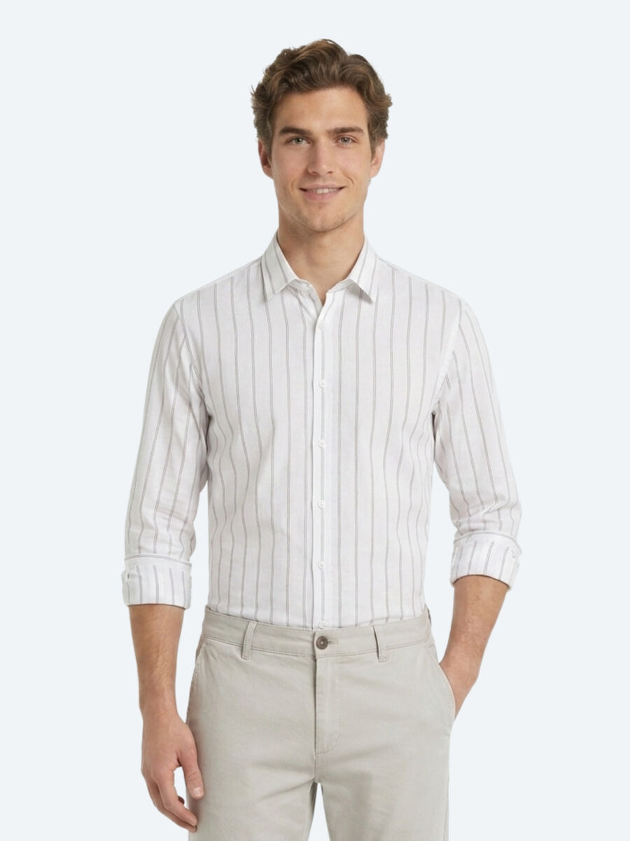 Bej Çizgili Regular Fit Dokuma Casual Pamuk Karışımlı Gömlek - 1