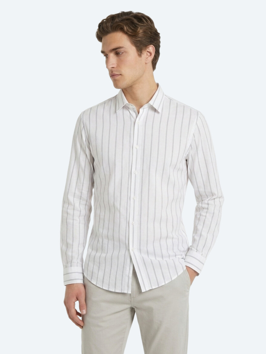 Bej Çizgili Regular Fit Dokuma Casual Pamuk Karışımlı Gömlek - 4