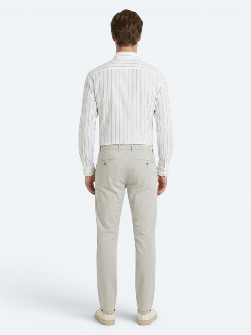 Bej Çizgili Regular Fit Dokuma Casual Pamuk Karışımlı Gömlek - 5