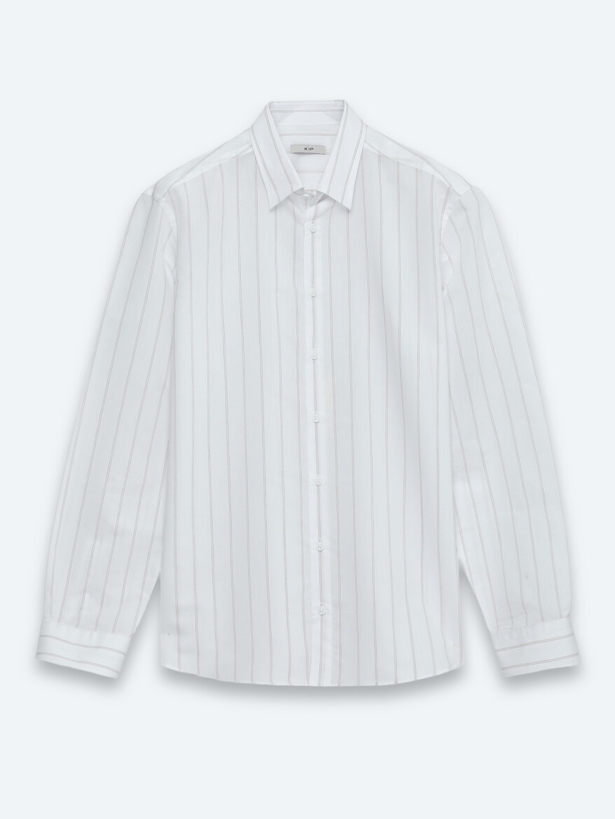 Bej Çizgili Regular Fit Dokuma Casual Pamuk Karışımlı Gömlek - 6