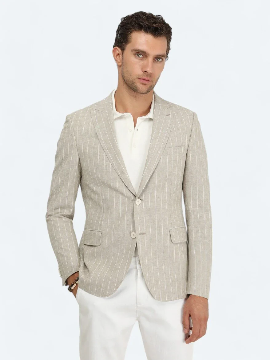 Bej Çizgili Slim Fit Pamuk Karışımlı Ceket - 1