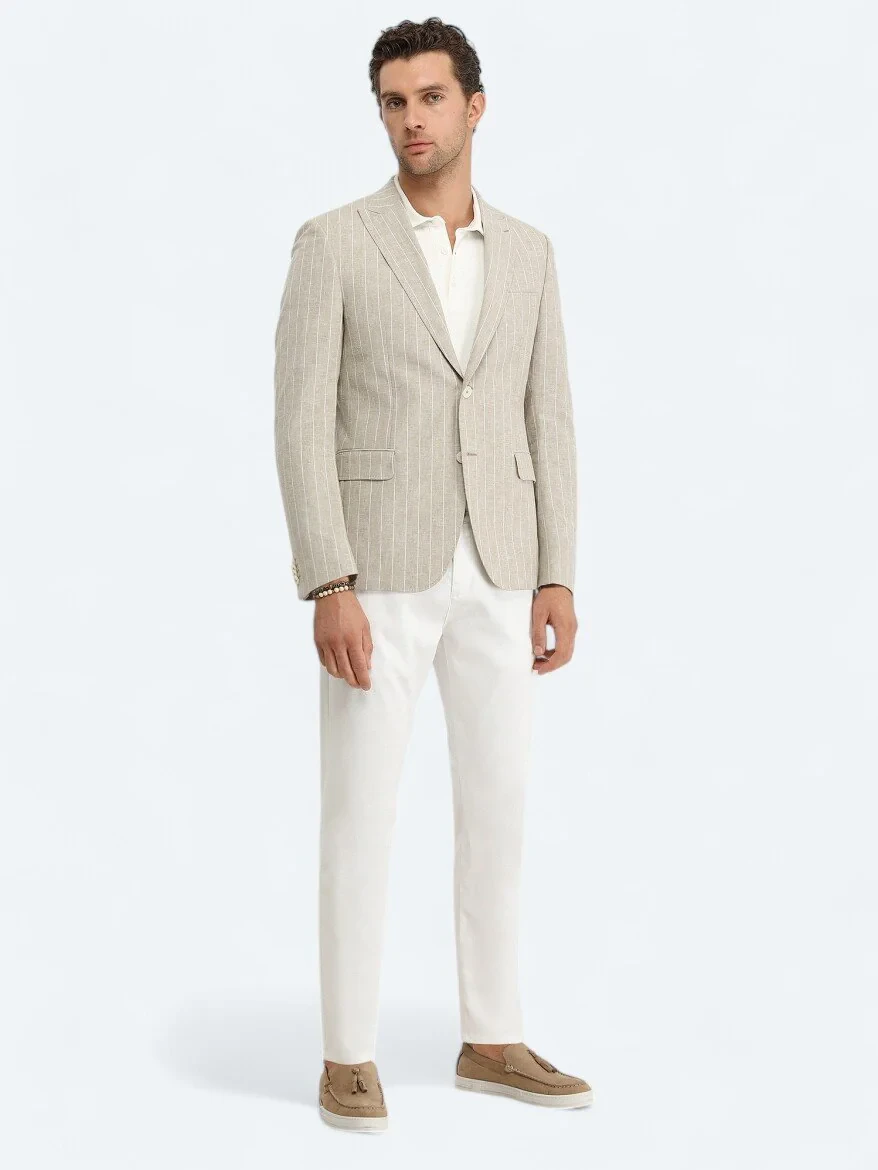 Bej Çizgili Slim Fit Pamuk Karışımlı Ceket - 2