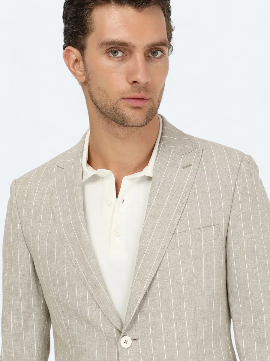 Bej Çizgili Slim Fit Pamuk Karışımlı Ceket - 3