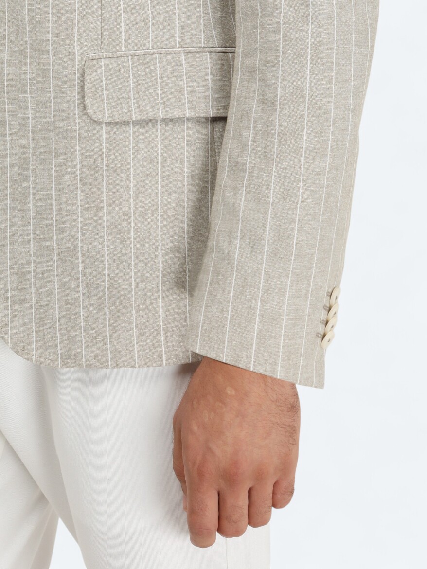 Bej Çizgili Slim Fit Pamuk Karışımlı Ceket - 4