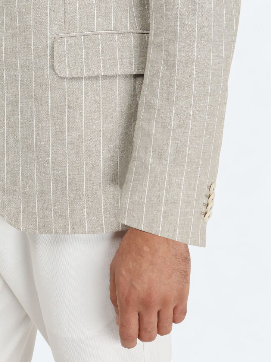 Bej Çizgili Slim Fit Pamuk Karışımlı Ceket - 4