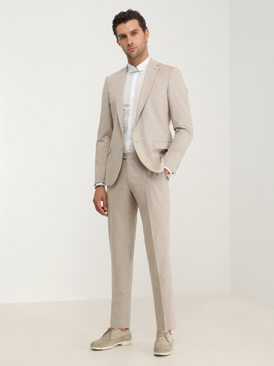 Bej Çizgili Slim Fit Pamuk Karışımlı Takım Elbise - 2