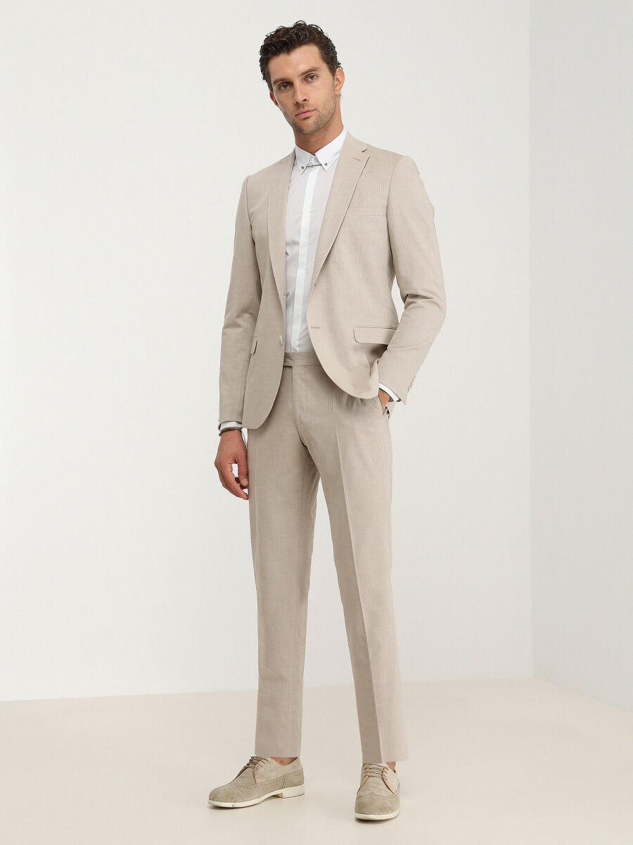 Bej Çizgili Slim Fit Pamuk Karışımlı Takım Elbise - 2