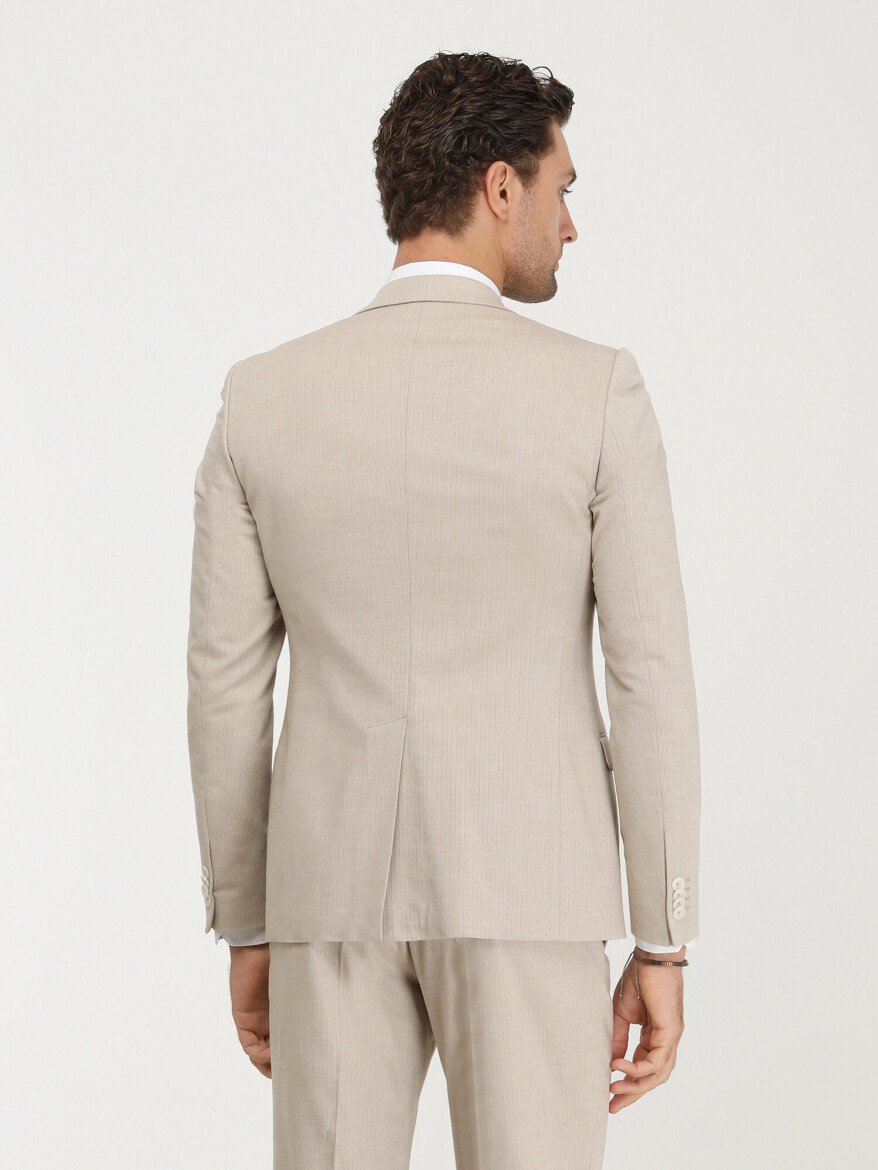Bej Çizgili Slim Fit Pamuk Karışımlı Takım Elbise - 6