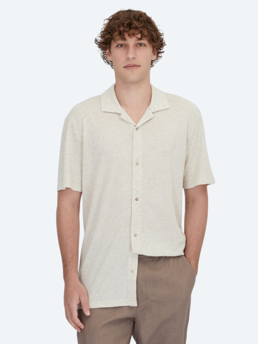 Bej Desenli Regular Fit Casual Keten Karışımlı Gömlek - KİP