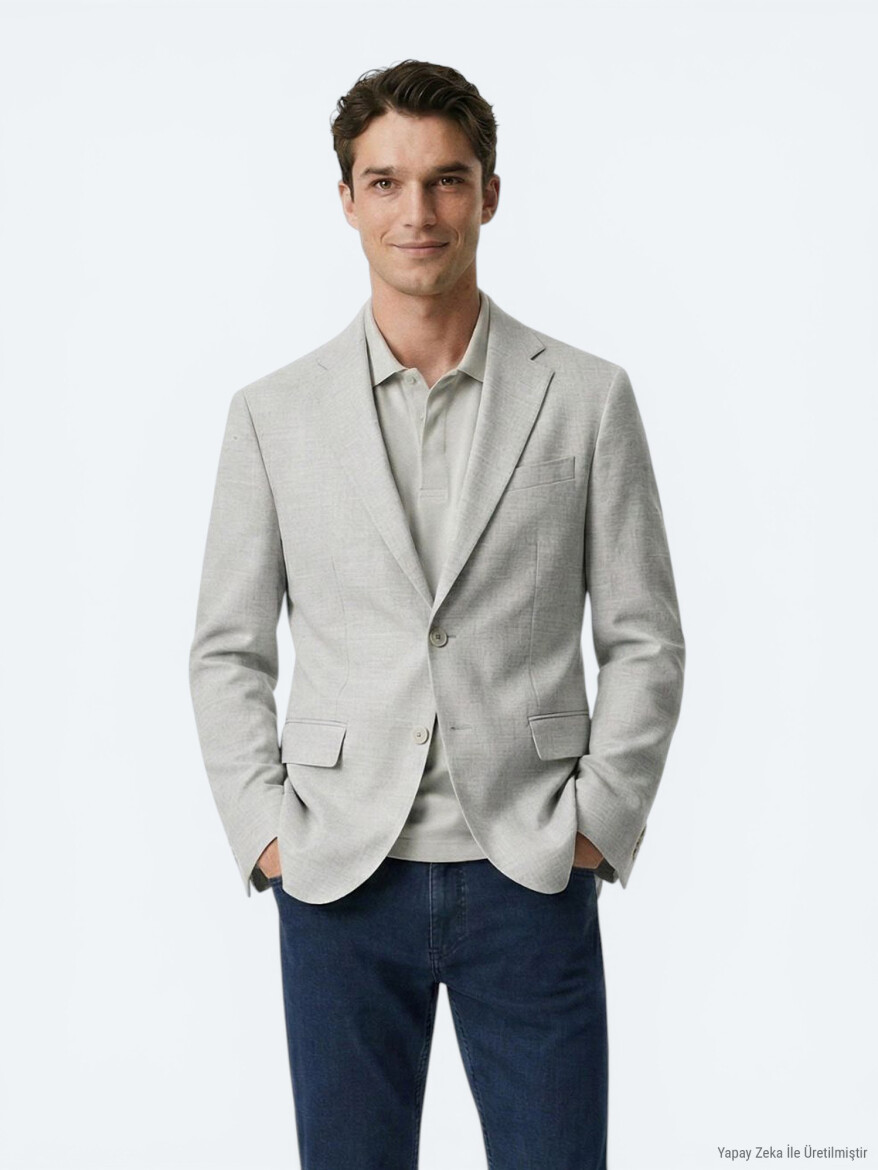 Bej Desenli Modern Fit Keten Karışımlı Ceket - KİP