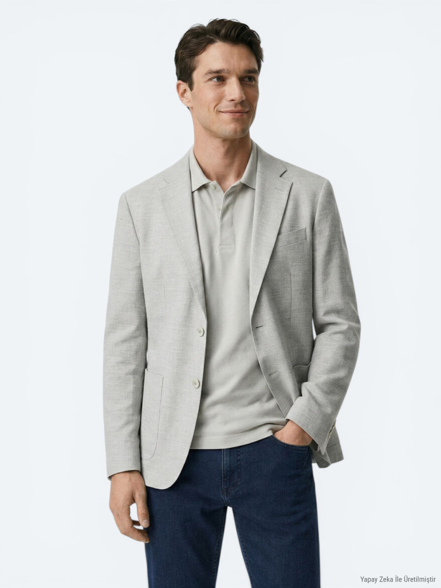 Bej Desenli Modern Fit Keten Karışımlı Ceket - 3
