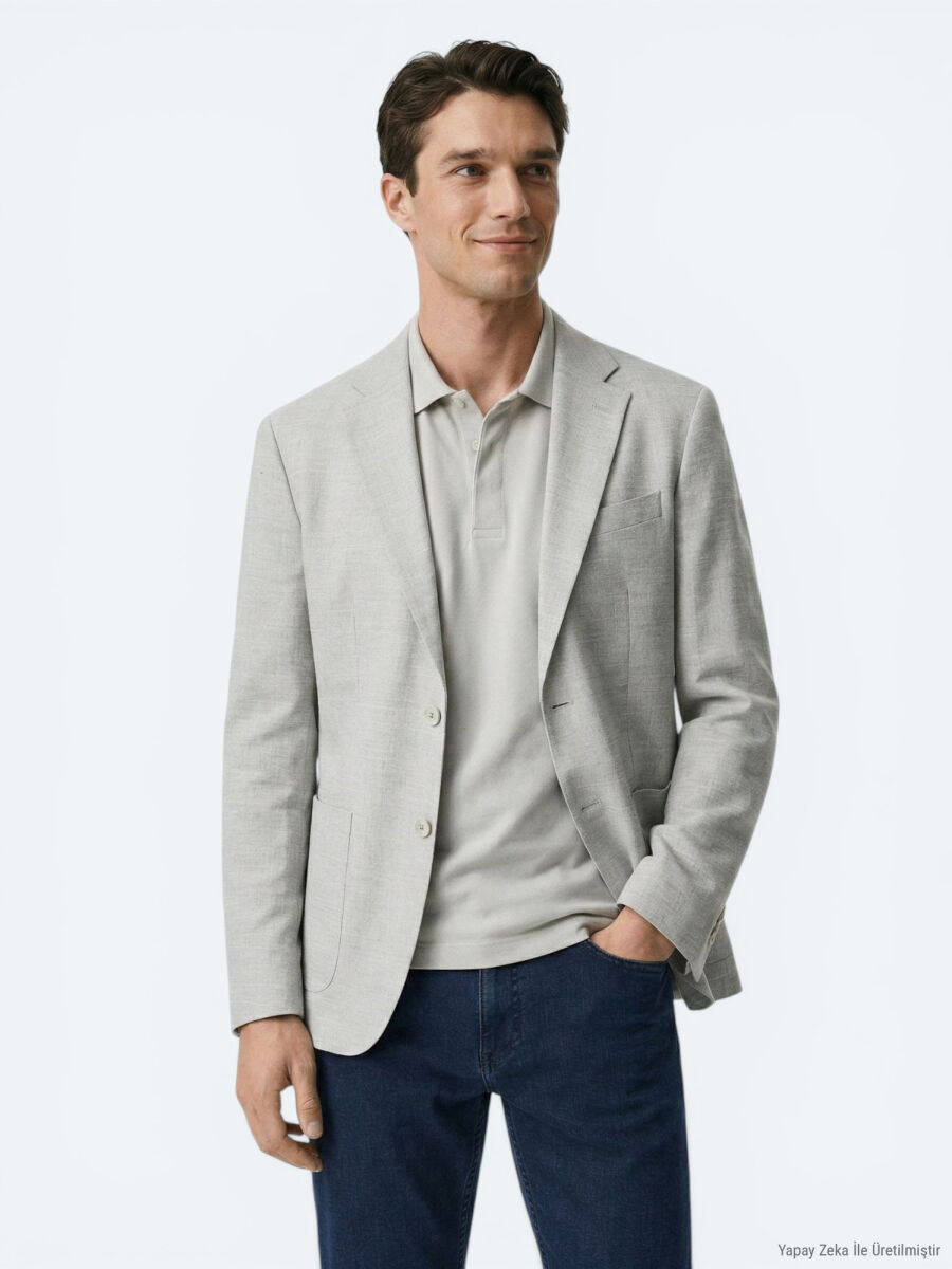 Bej Desenli Modern Fit Keten Karışımlı Ceket - 3