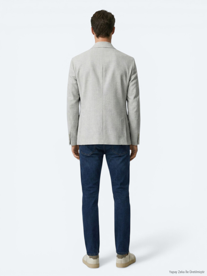 Bej Desenli Modern Fit Keten Karışımlı Ceket - 4