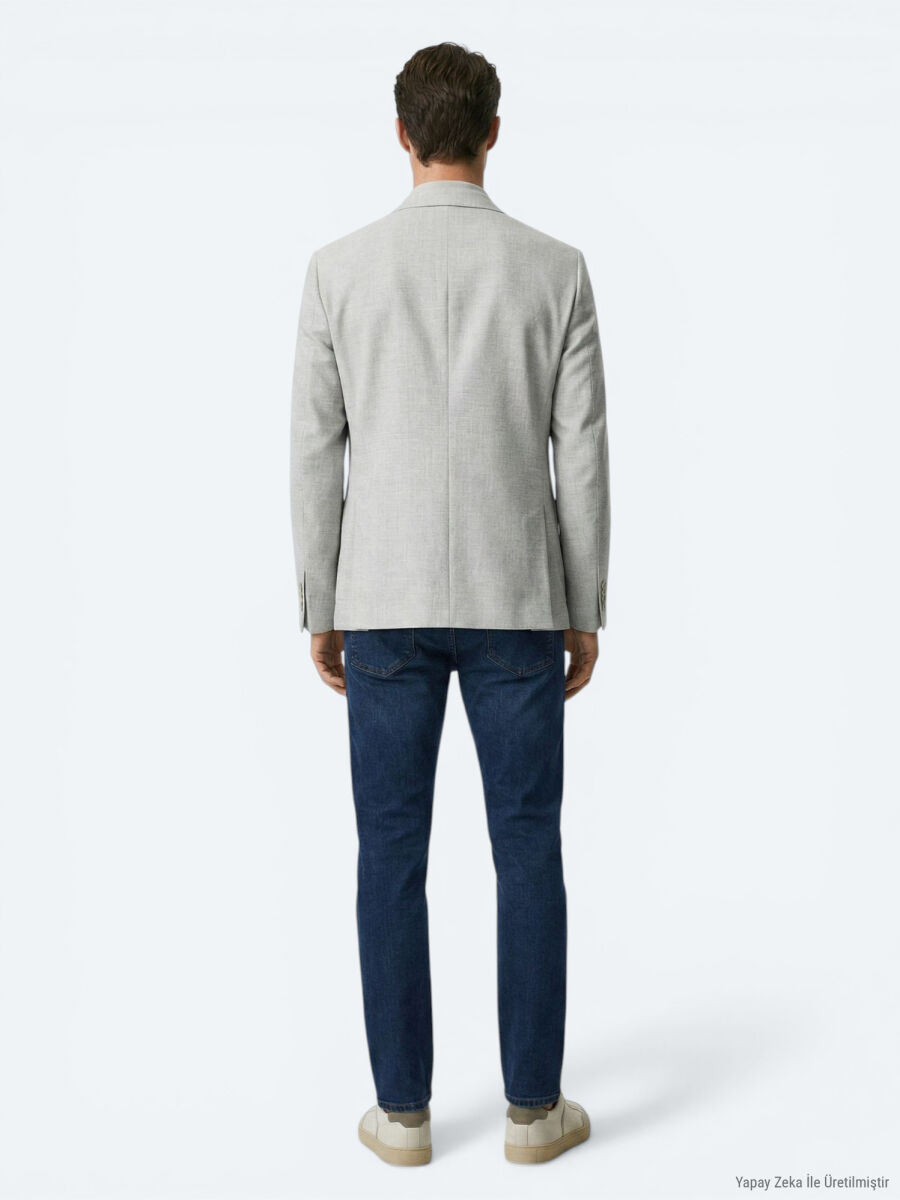 Bej Desenli Modern Fit Keten Karışımlı Ceket - 4