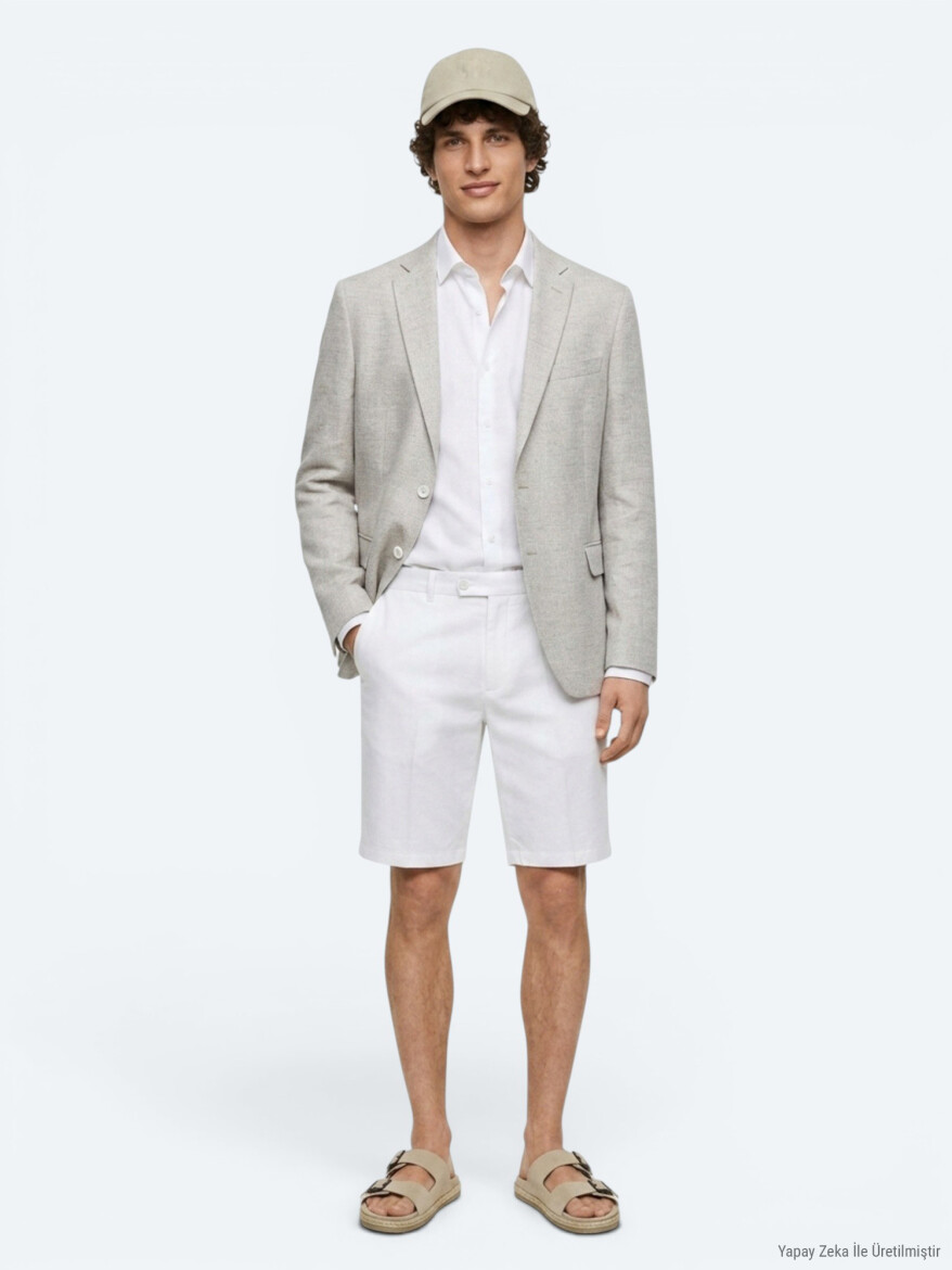 Bej Desenli Modern Fit Keten Karışımlı Ceket - KİP