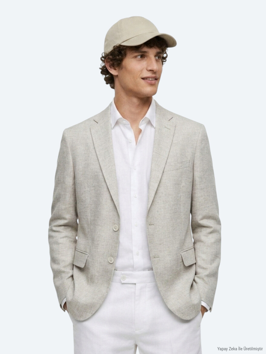 Bej Desenli Modern Fit Keten Karışımlı Ceket - KİP