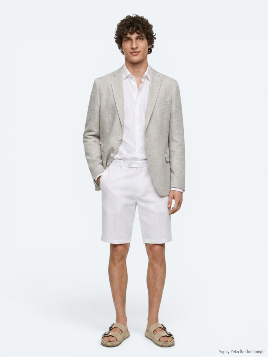 Bej Desenli Modern Fit Keten Karışımlı Ceket - 5