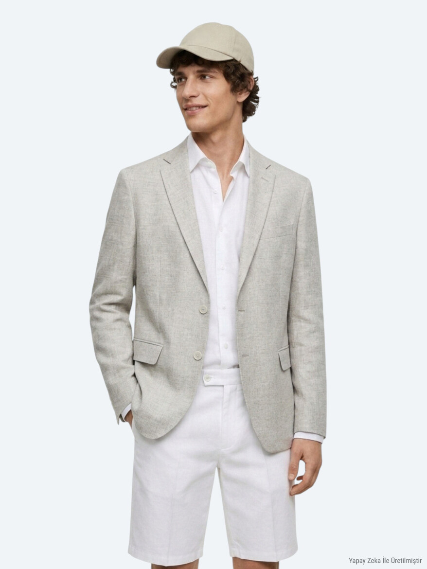 Bej Desenli Modern Fit Keten Karışımlı Ceket - 6