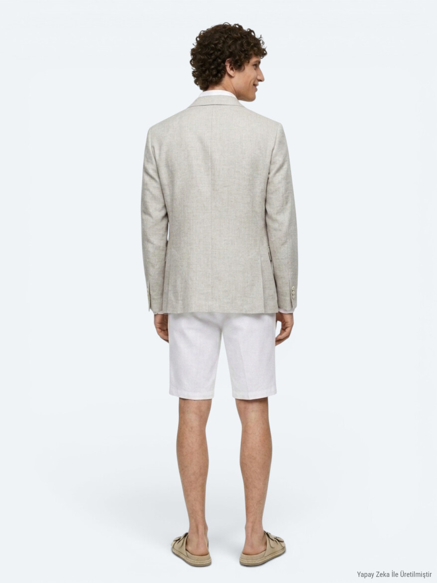 Bej Desenli Modern Fit Keten Karışımlı Ceket - 7