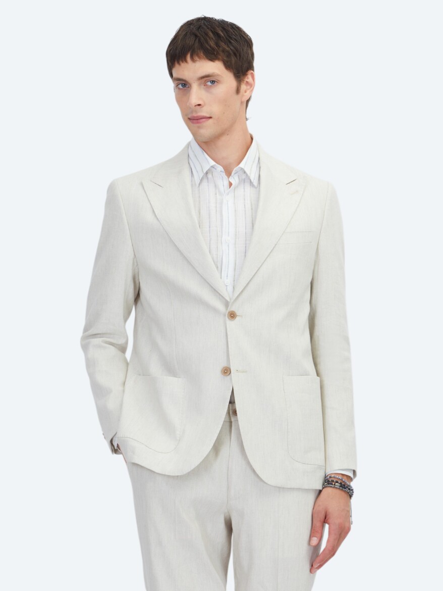 Bej Desenli Modern Fit Keten Karışımlı Takım Elbise - KİP