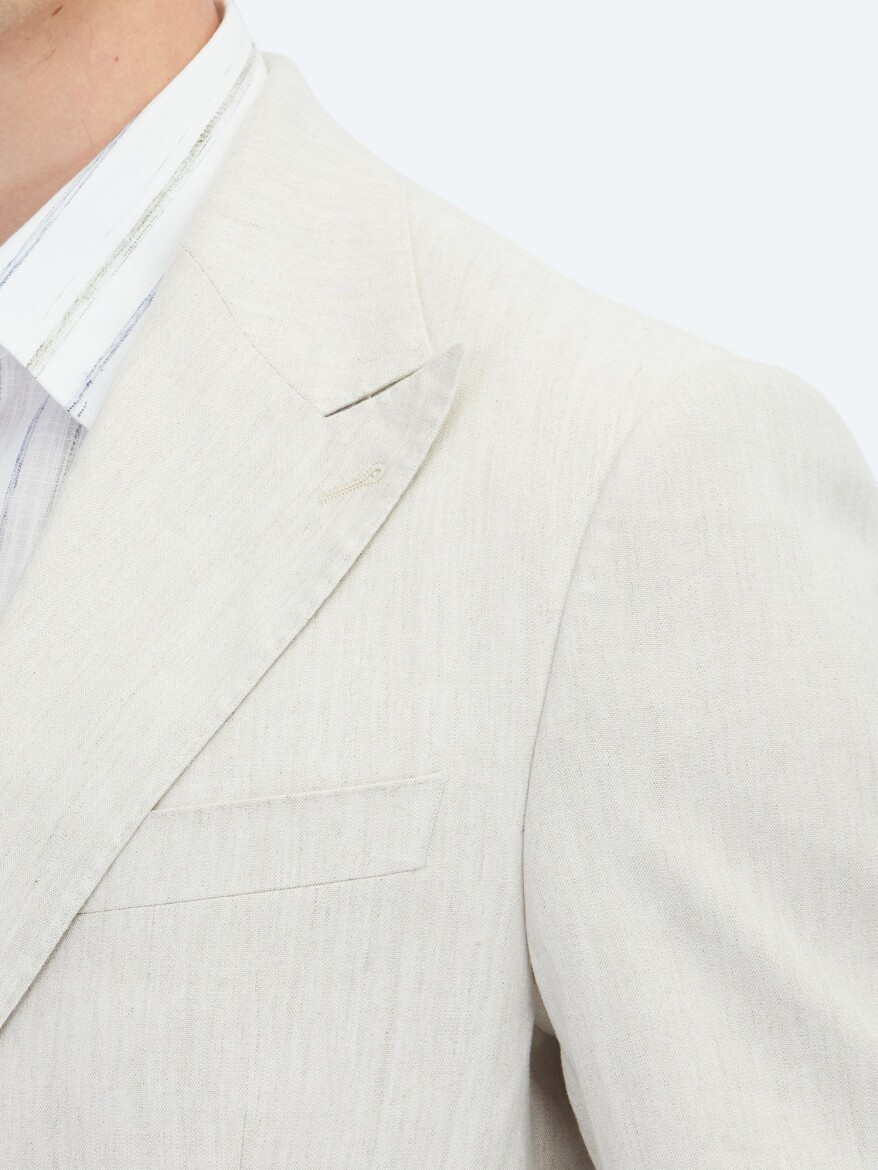 Bej Desenli Modern Fit Keten Karışımlı Takım Elbise - 4