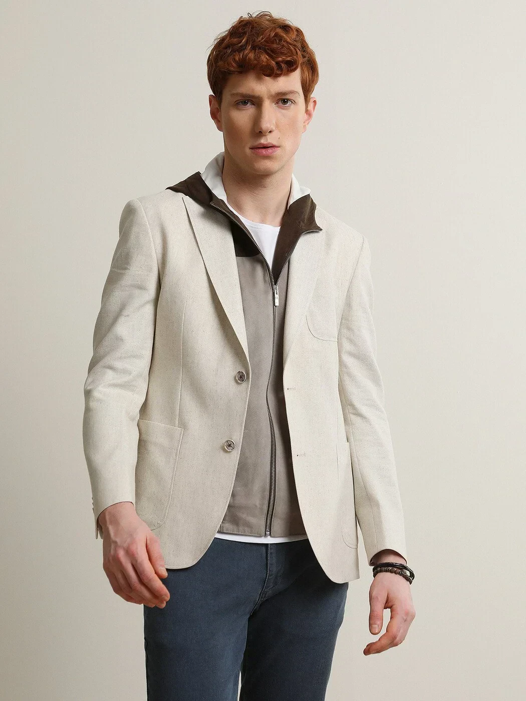 Bej Desenli Modern Fit Pamuk Karışımlı Ceket - 2