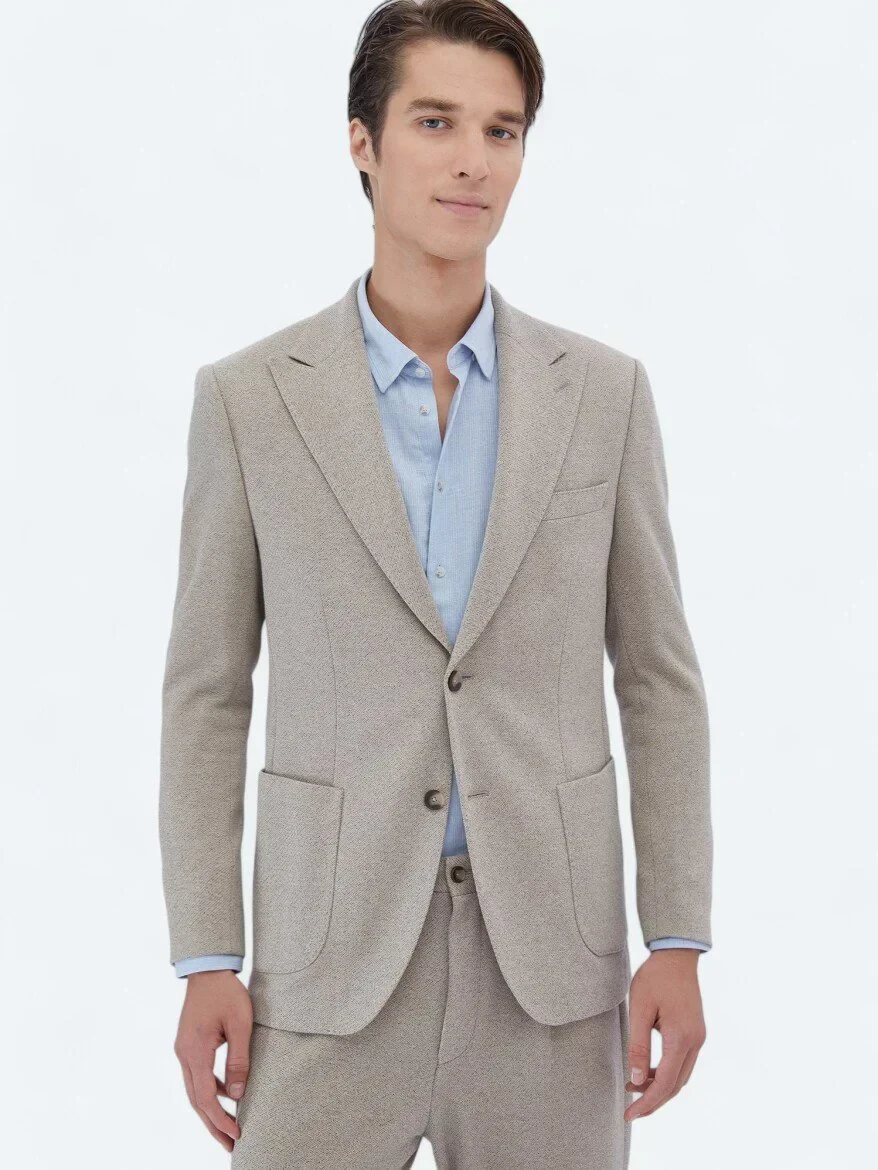 Bej Desenli Modern Fit Pamuk Karışımlı Örme Takım Elbise - 1