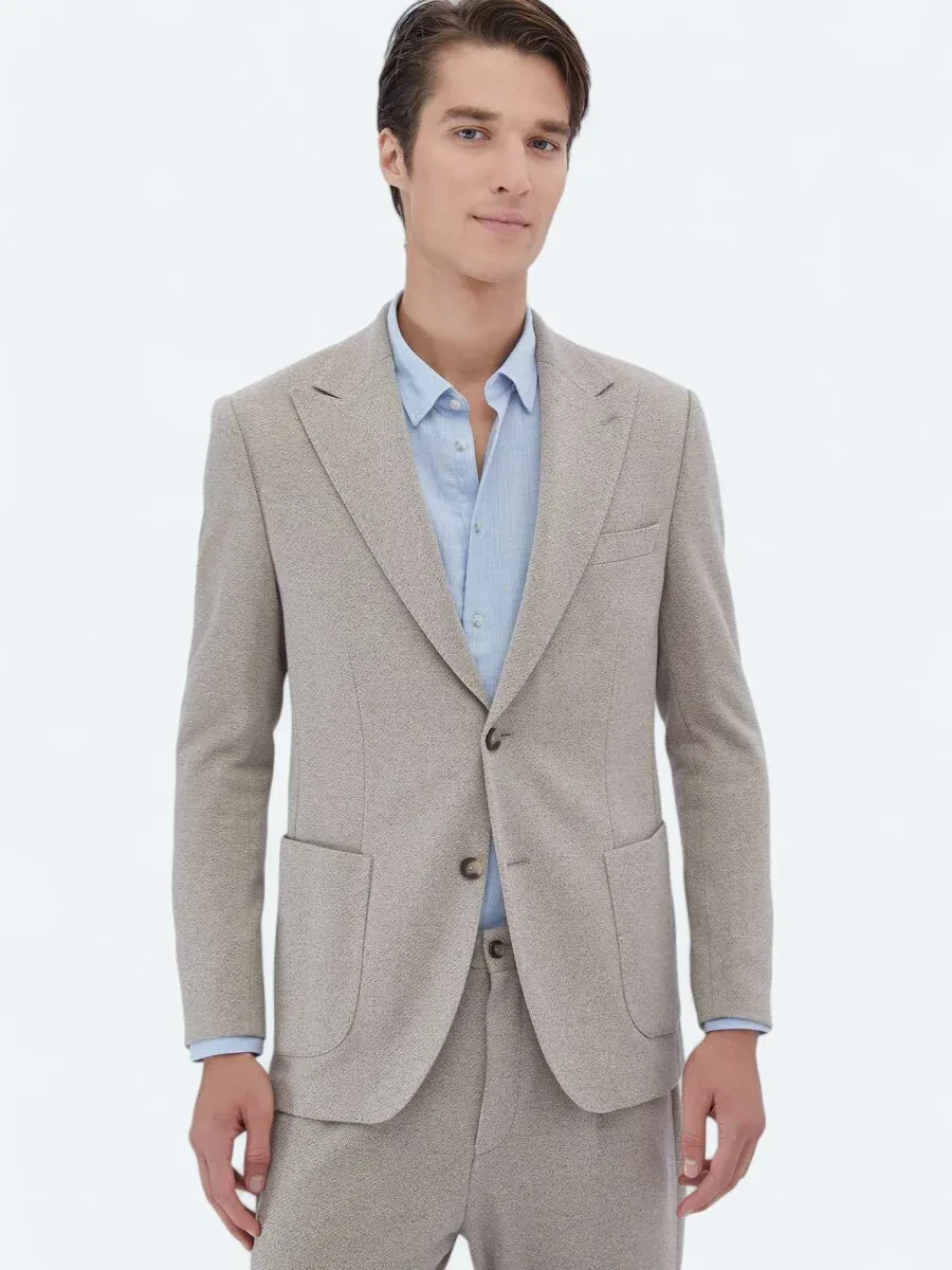 Bej Desenli Modern Fit Pamuk Karışımlı Örme Takım Elbise - 1