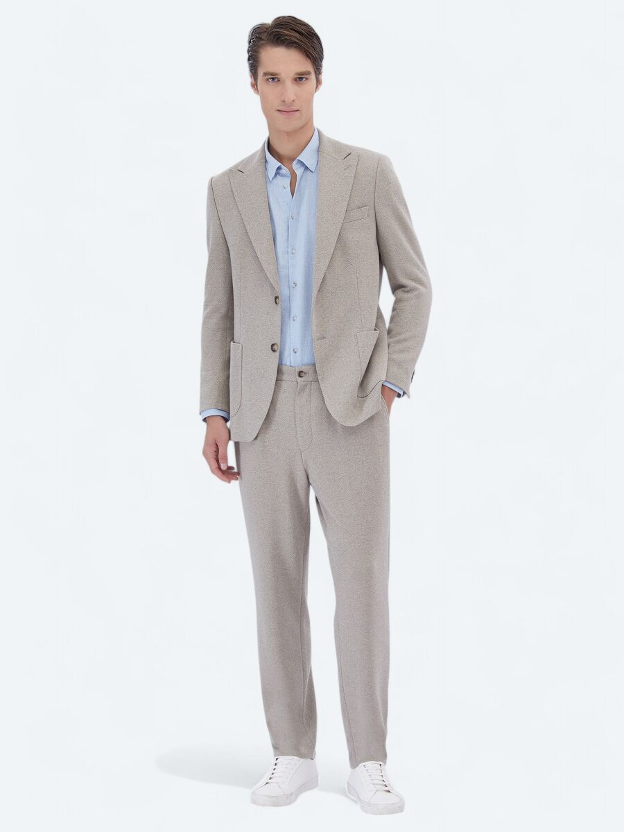 Bej Desenli Modern Fit Pamuk Karışımlı Örme Takım Elbise - 2