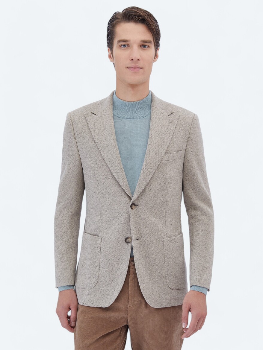 Bej Desenli Modern Fit Pamuk Karışımlı Örme Takım Elbise - 3