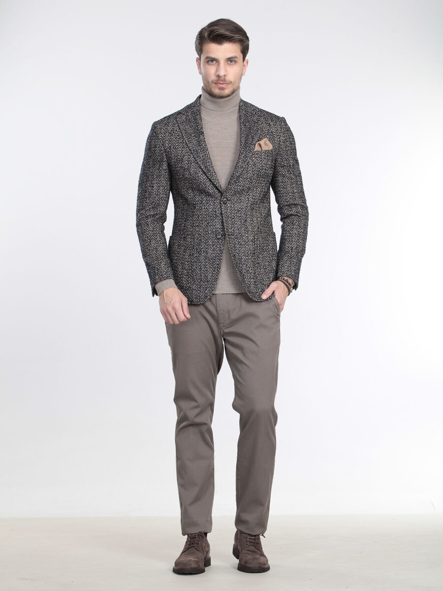 Bej Desenli Modern Fit Yün Karışımlı Ceket - 1