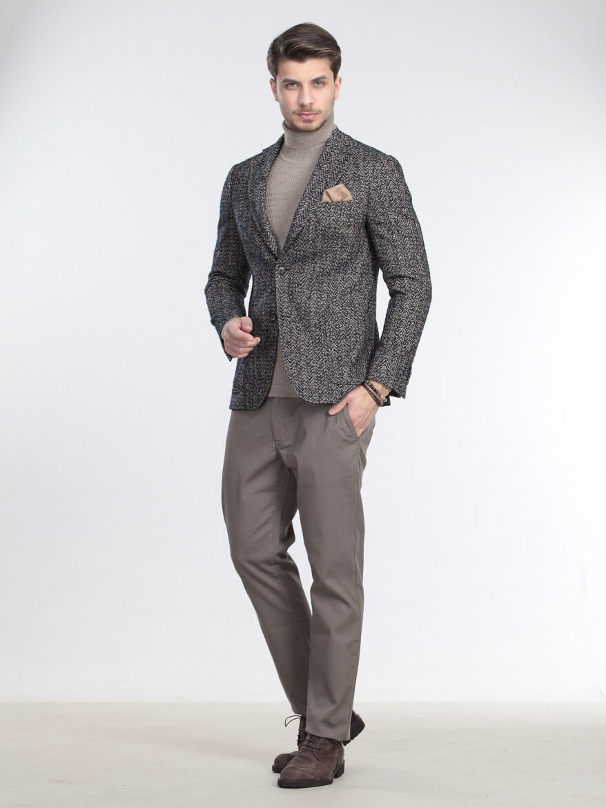 Bej Desenli Modern Fit Yün Karışımlı Ceket - 2