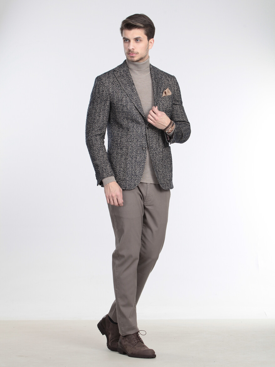 Bej Desenli Modern Fit Yün Karışımlı Ceket - 3