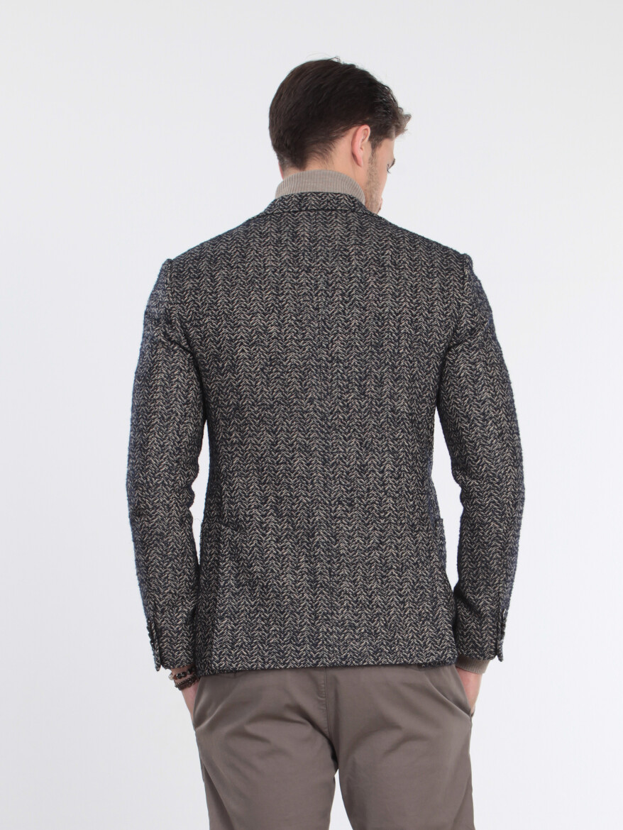 Bej Desenli Modern Fit Yün Karışımlı Ceket - 4