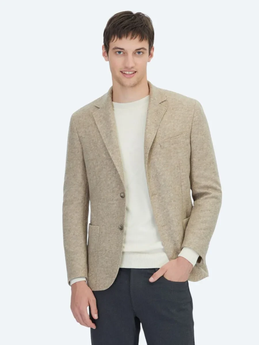 Bej Desenli Modern Fit Yün Karışımlı Örme Ceket - 1