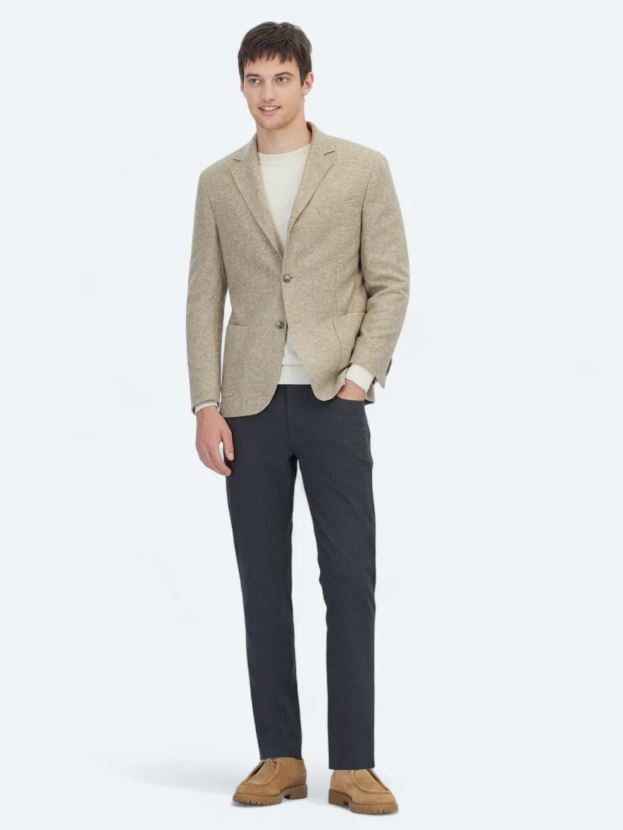 Bej Desenli Modern Fit Yün Karışımlı Örme Ceket - KİP