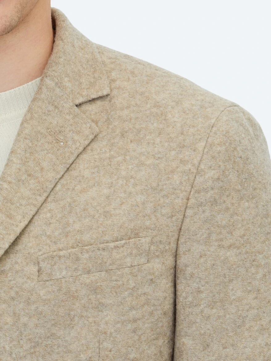 Bej Desenli Modern Fit Yün Karışımlı Örme Ceket - 4