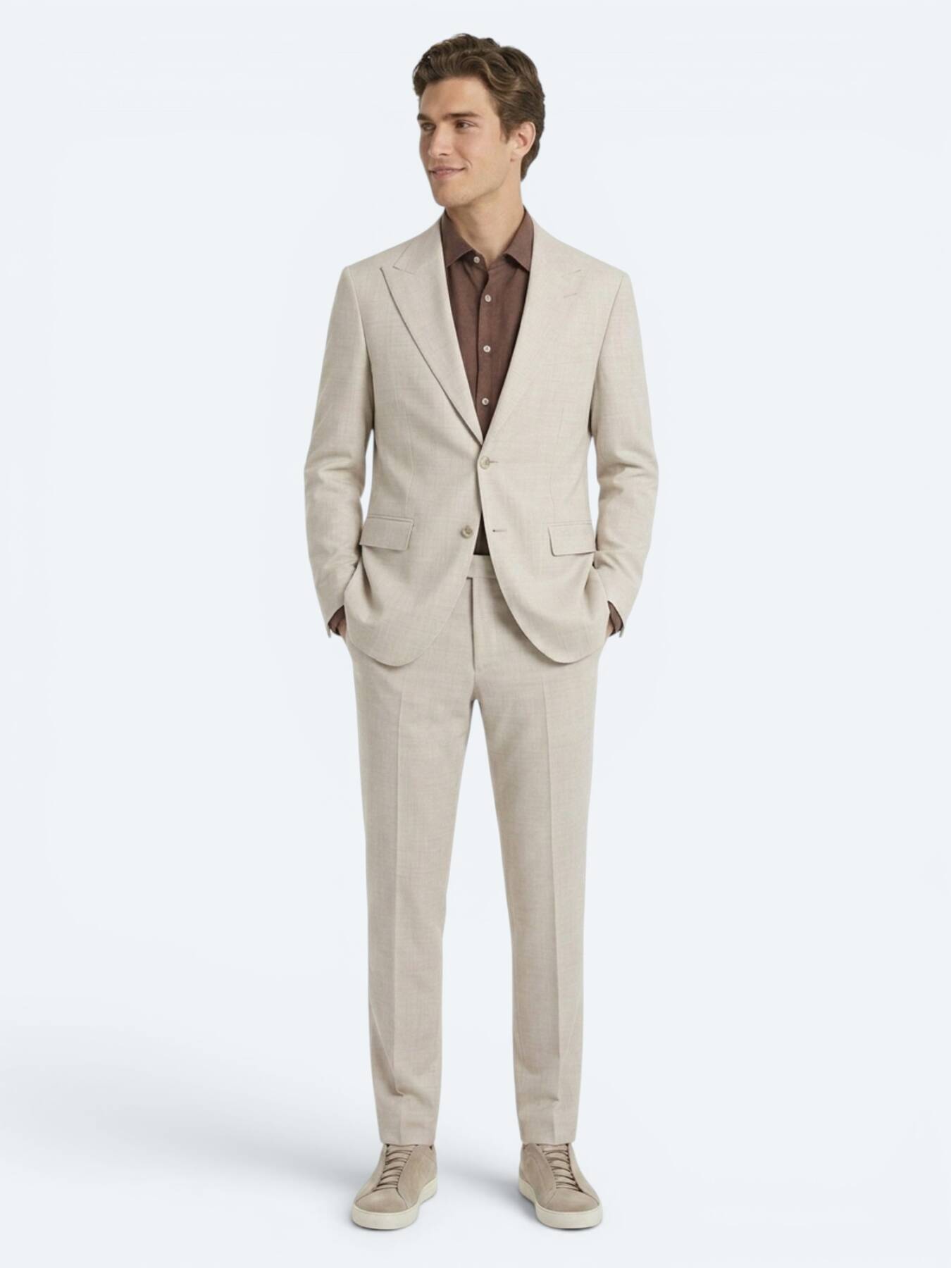 Bej Desenli Modern Fit Yün Karışımlı Takım Elbise
