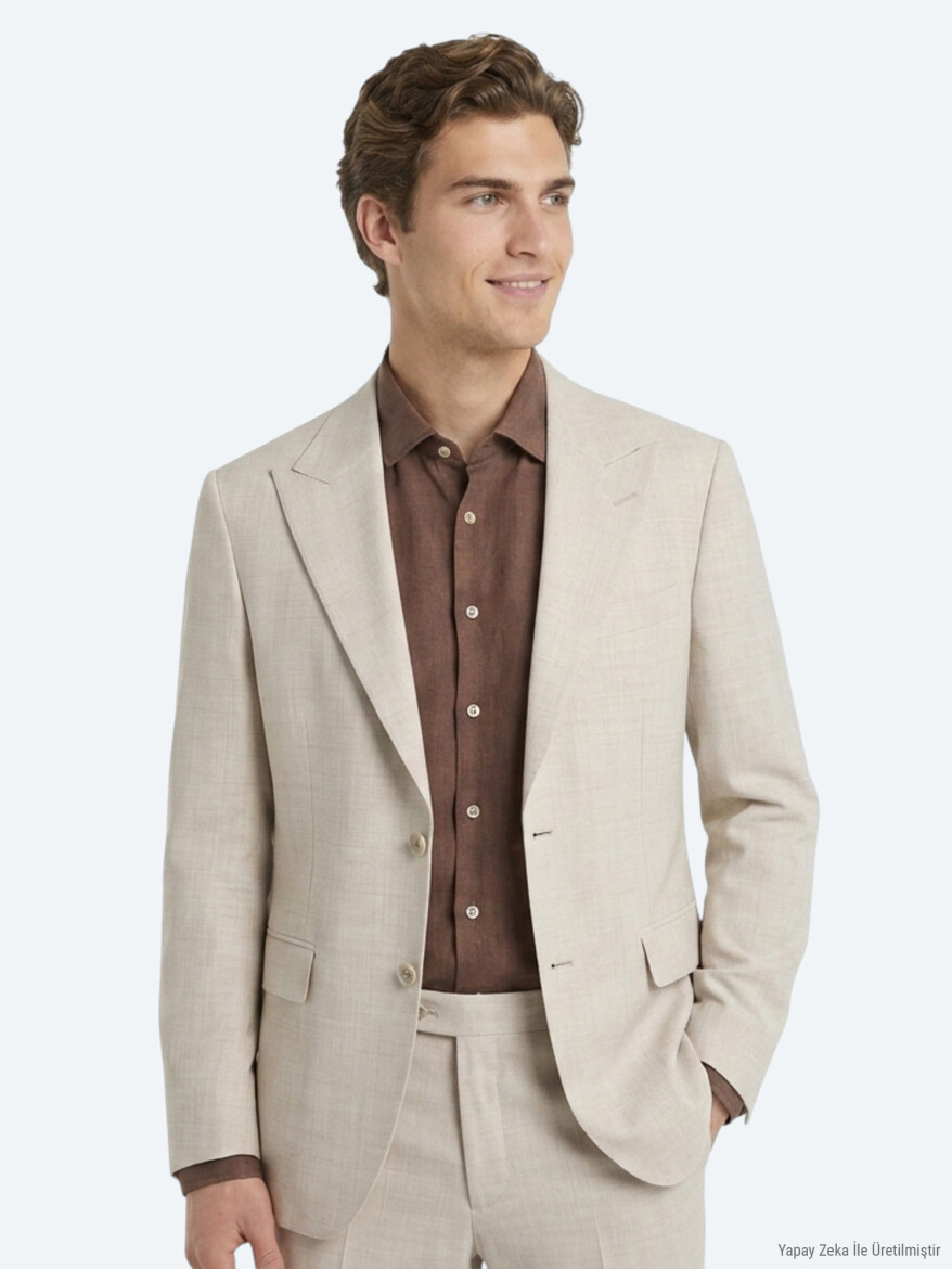 Bej Desenli Modern Fit Yün Karışımlı Takım Elbise - 3