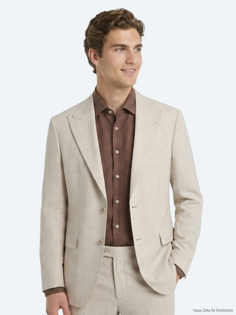 Bej Desenli Modern Fit Yün Karışımlı Takım Elbise - 3
