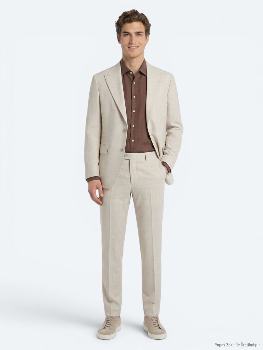 Bej Desenli Modern Fit Yün Karışımlı Takım Elbise - 4