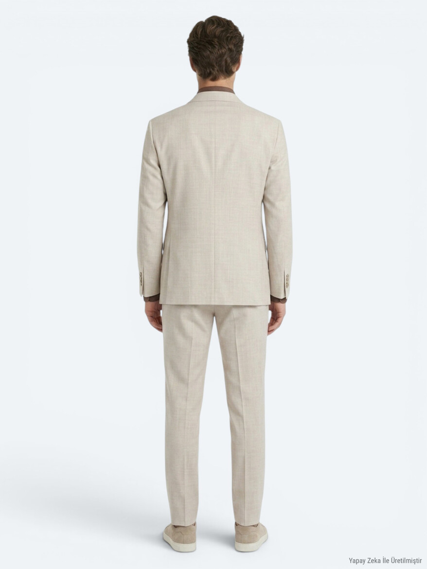 Bej Desenli Modern Fit Yün Karışımlı Takım Elbise - 5