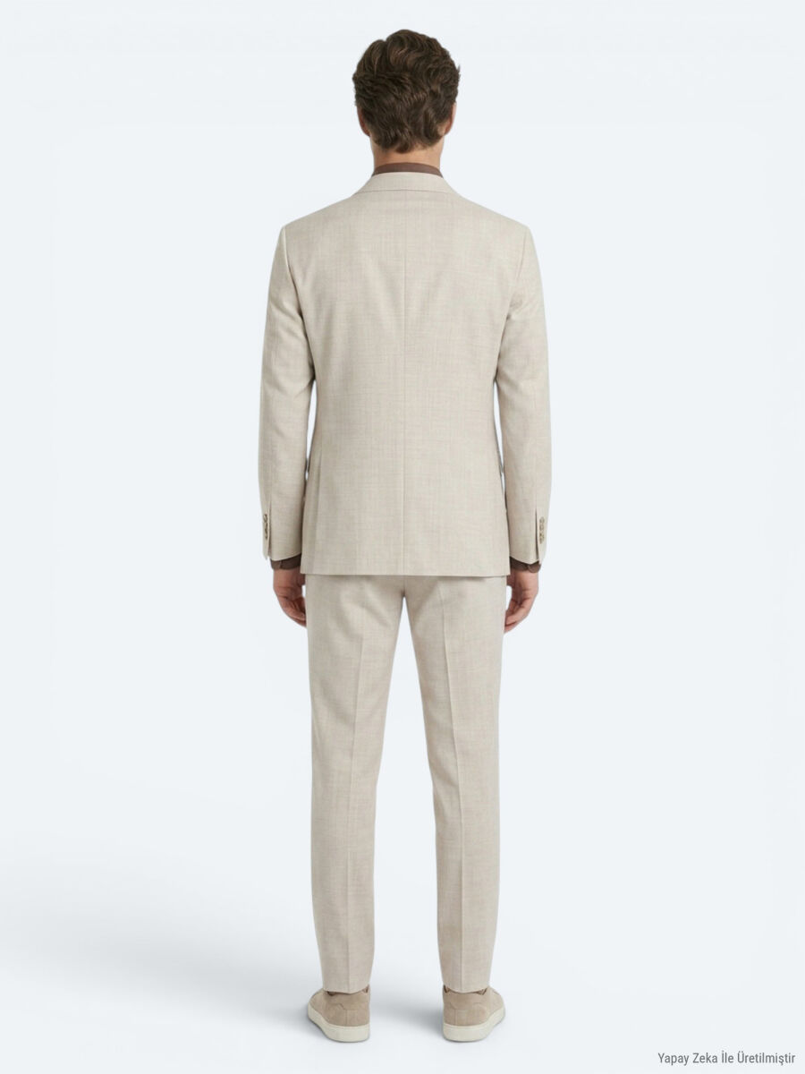 Bej Desenli Modern Fit Yün Karışımlı Takım Elbise - 5