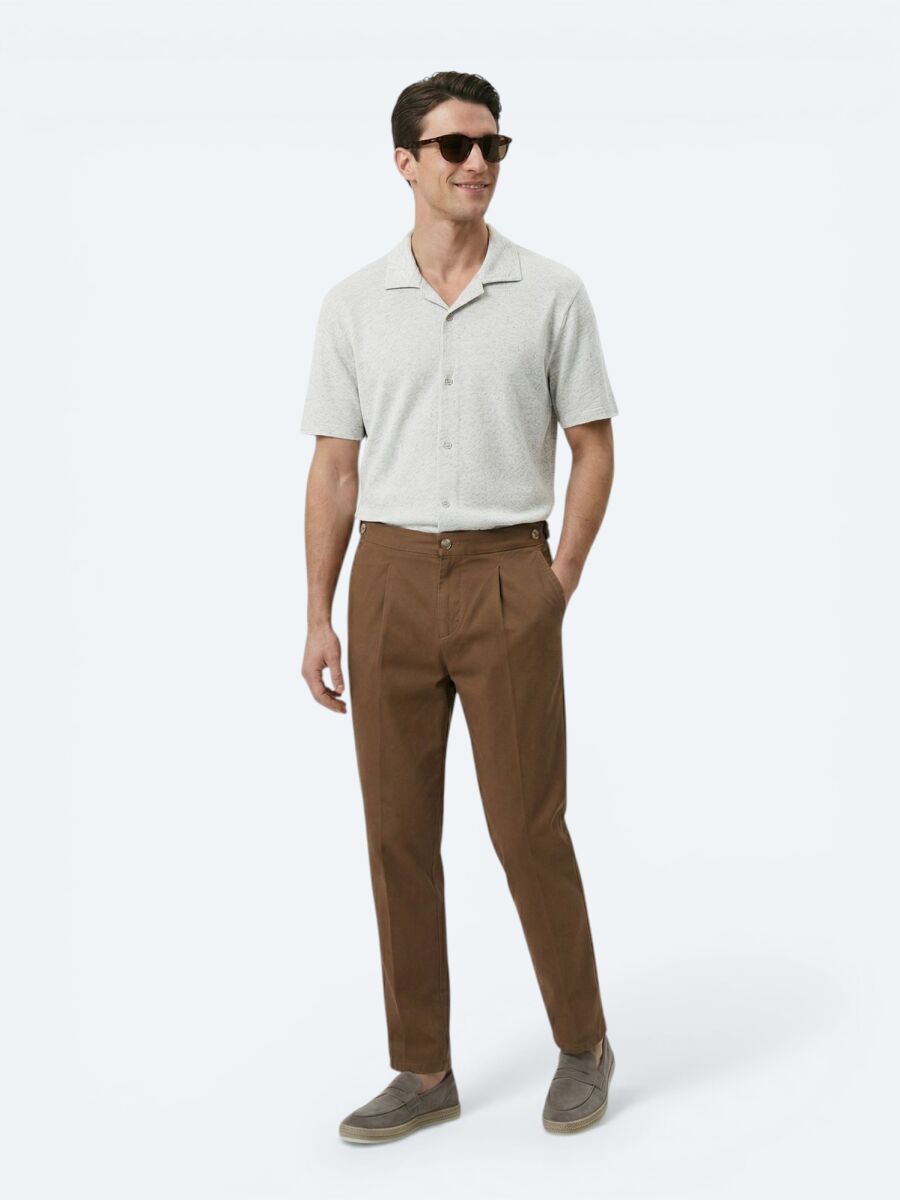 Bej Desenli Regular Fit Kısa Casual Keten Karışımlı Gömlek - 3