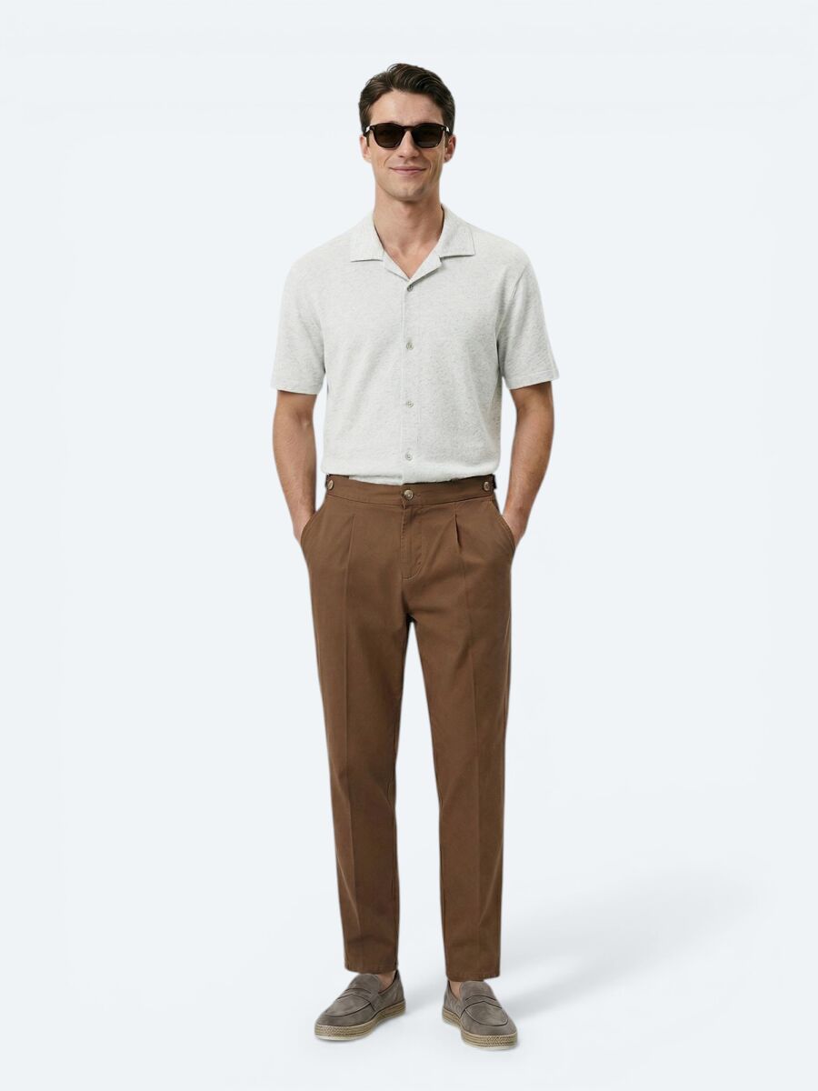 Bej Desenli Regular Fit Kısa Casual Keten Karışımlı Gömlek - 4