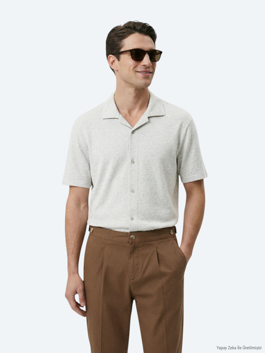 Bej Desenli Regular Fit Kısa Casual Keten Karışımlı Gömlek - KİP