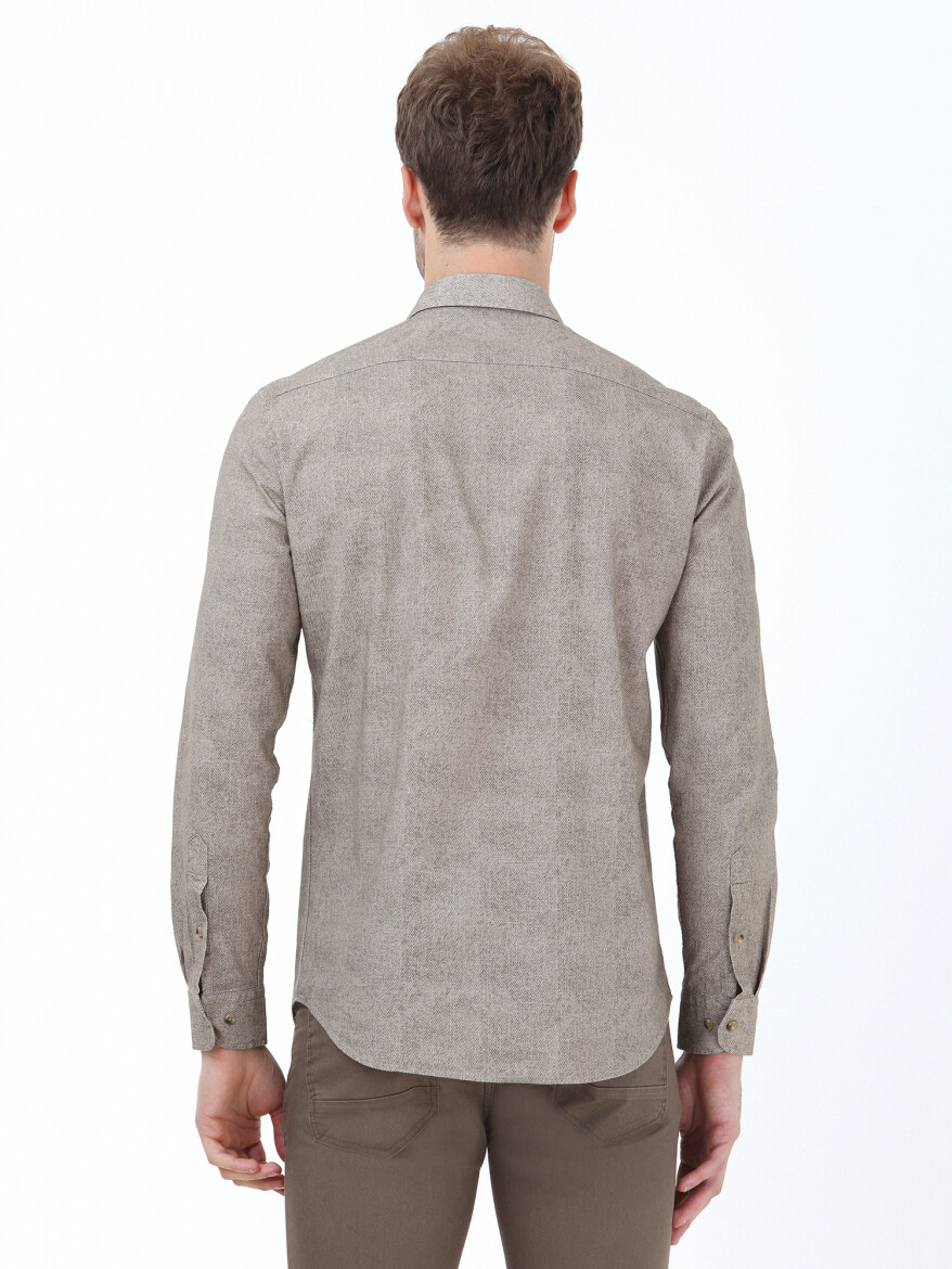 Bej Desenli Regular Fit Uzun Dokuma Casual %100 Pamuk Gömlek - 3