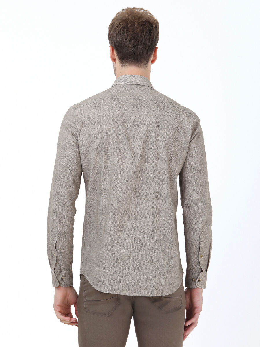 Bej Desenli Regular Fit Uzun Dokuma Casual %100 Pamuk Gömlek - 3