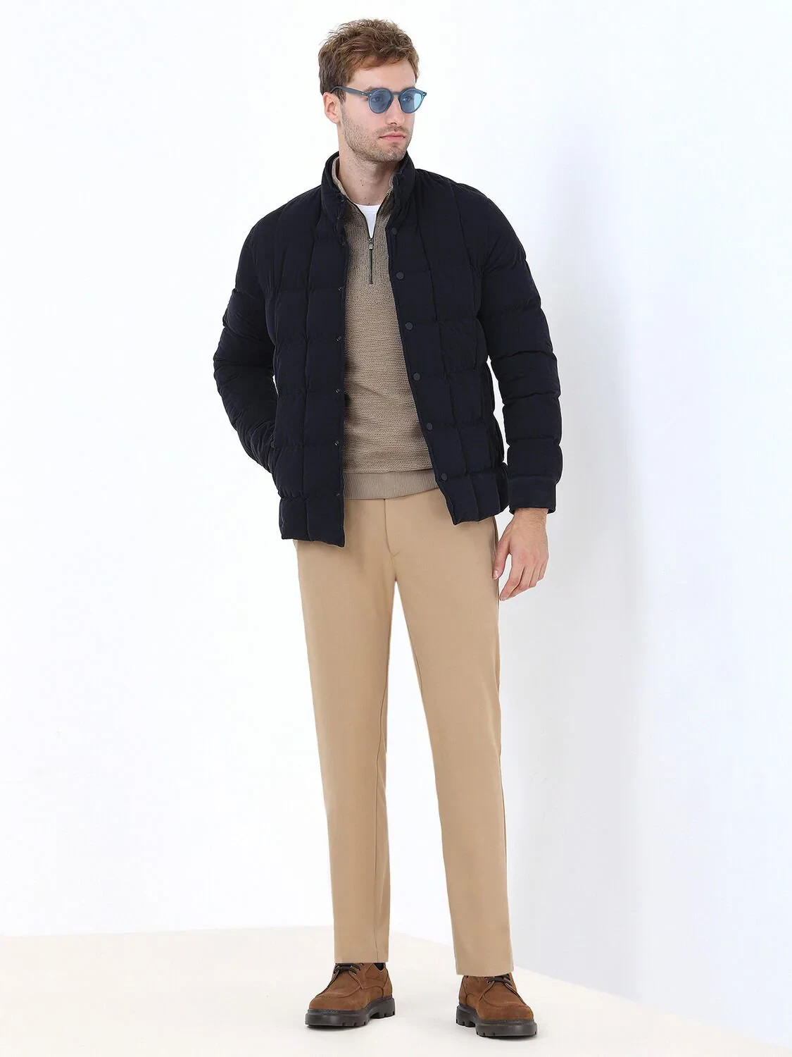 Bej Dik Yaka Jakarlı Sweatshırt - 3