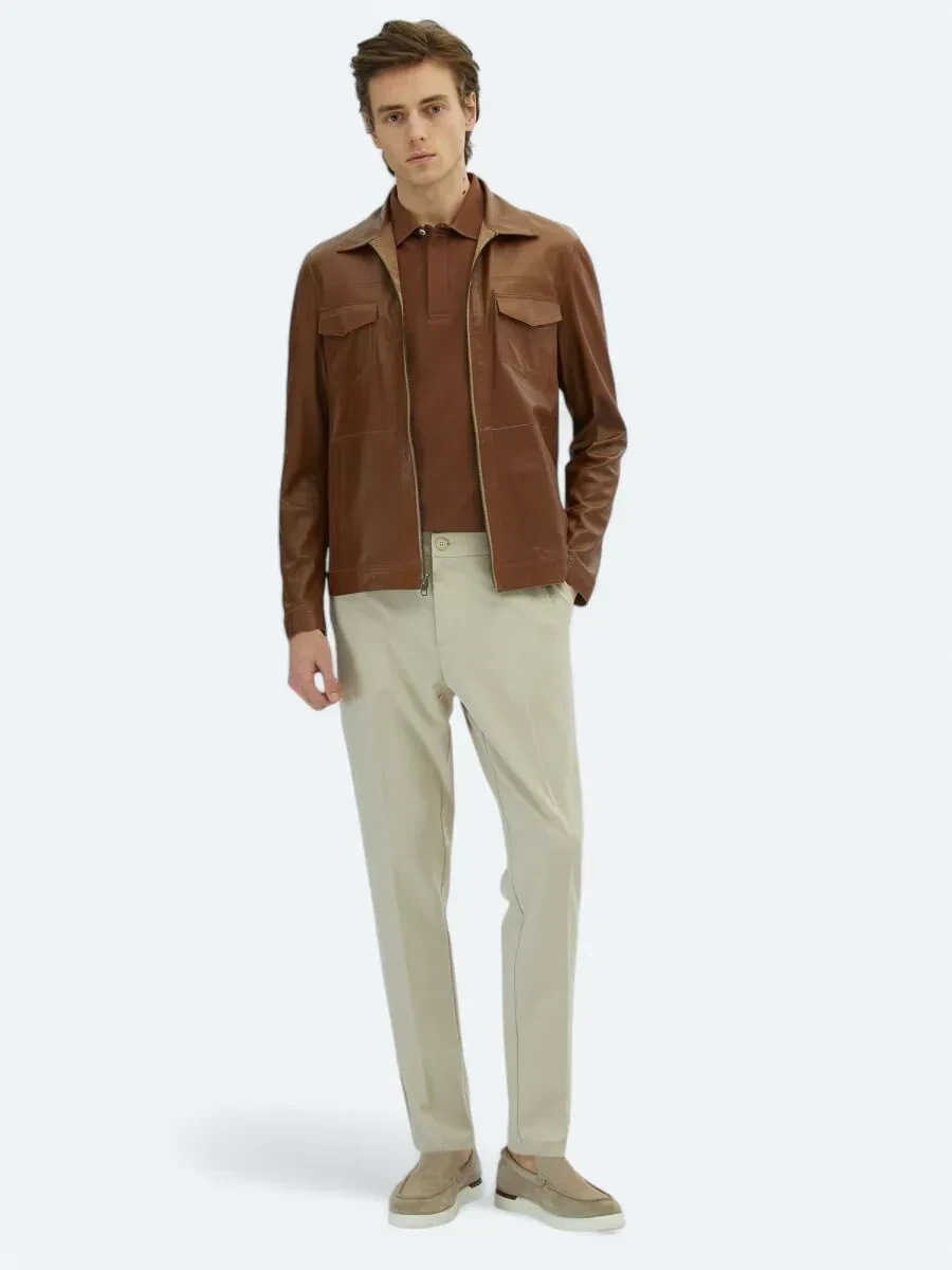 Bej Dik Yaka Smart Casual Çift Taraflı Deri Mont - 2